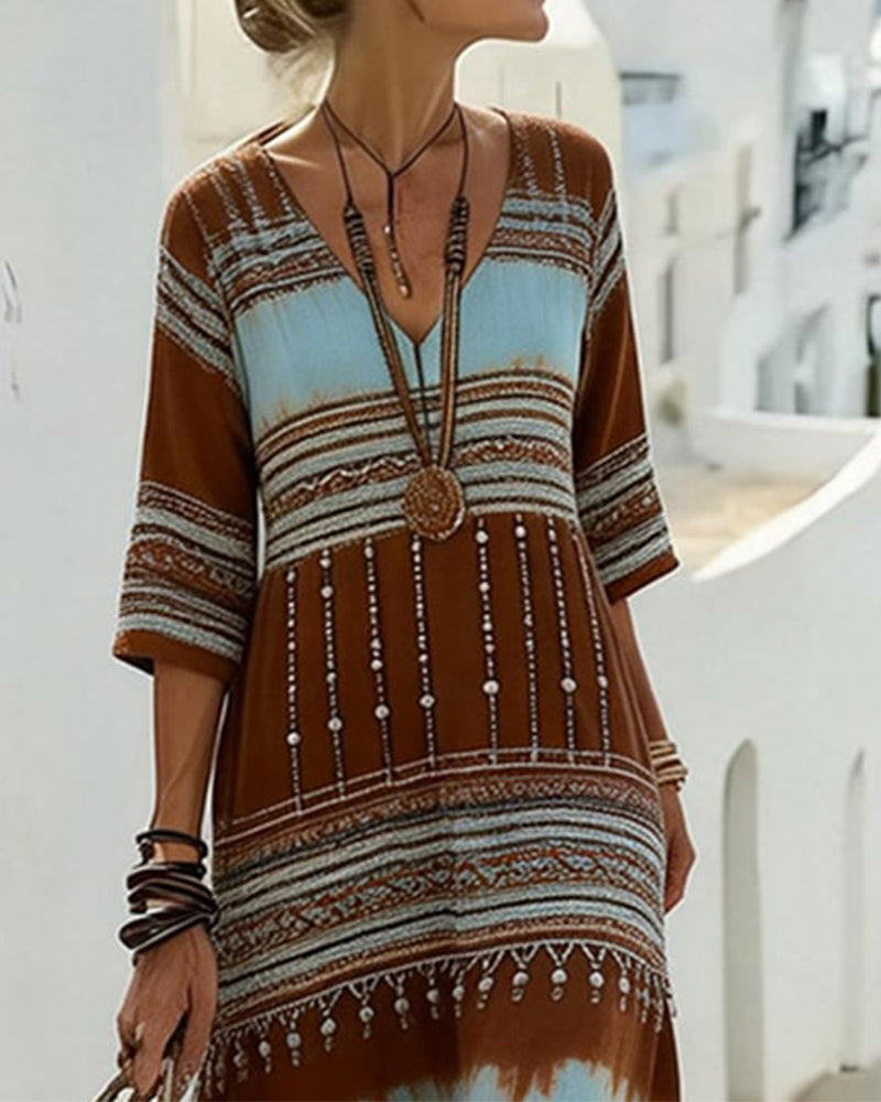 Robe Col V Imprimée Style Bohème