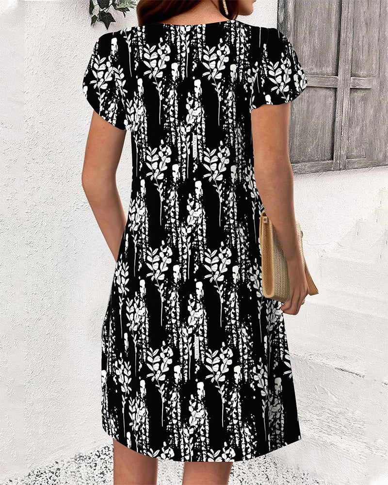 Robe Manches Pétales Imprimée Décontractée