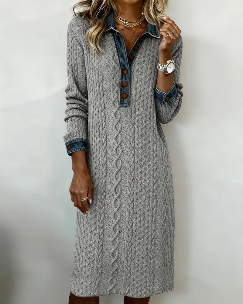 Robe À Col En Jean, Motif Torsadé Et Patchwork
