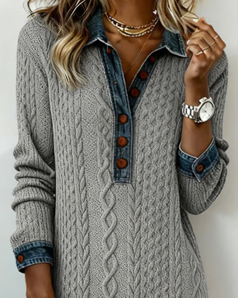 Robe À Col En Jean, Motif Torsadé Et Patchwork