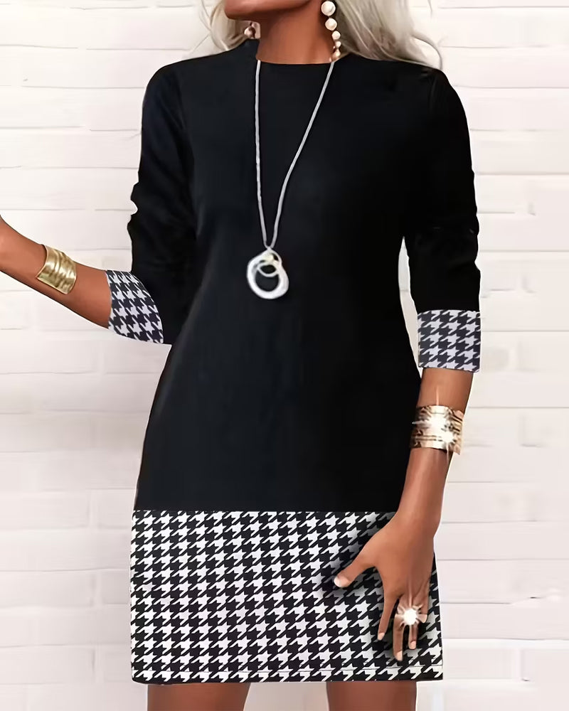 Robe Pied-de-poule Panneaux Manches Longues