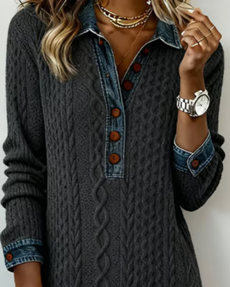 Robe À Col En Jean, Motif Torsadé Et Patchwork