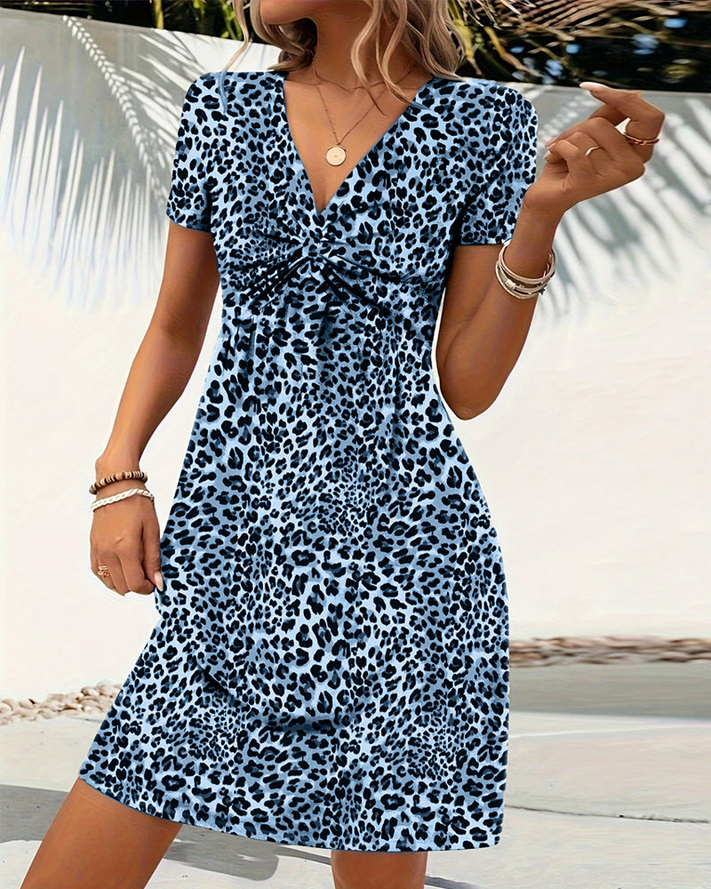 Robe Manches Courtes En V Imprimé Léopard