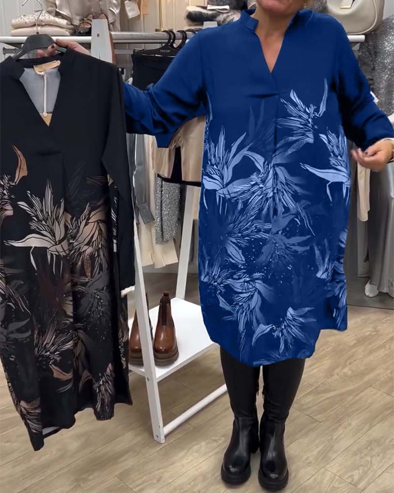 Robe Col V Imprimé Feuilles Manches Longues