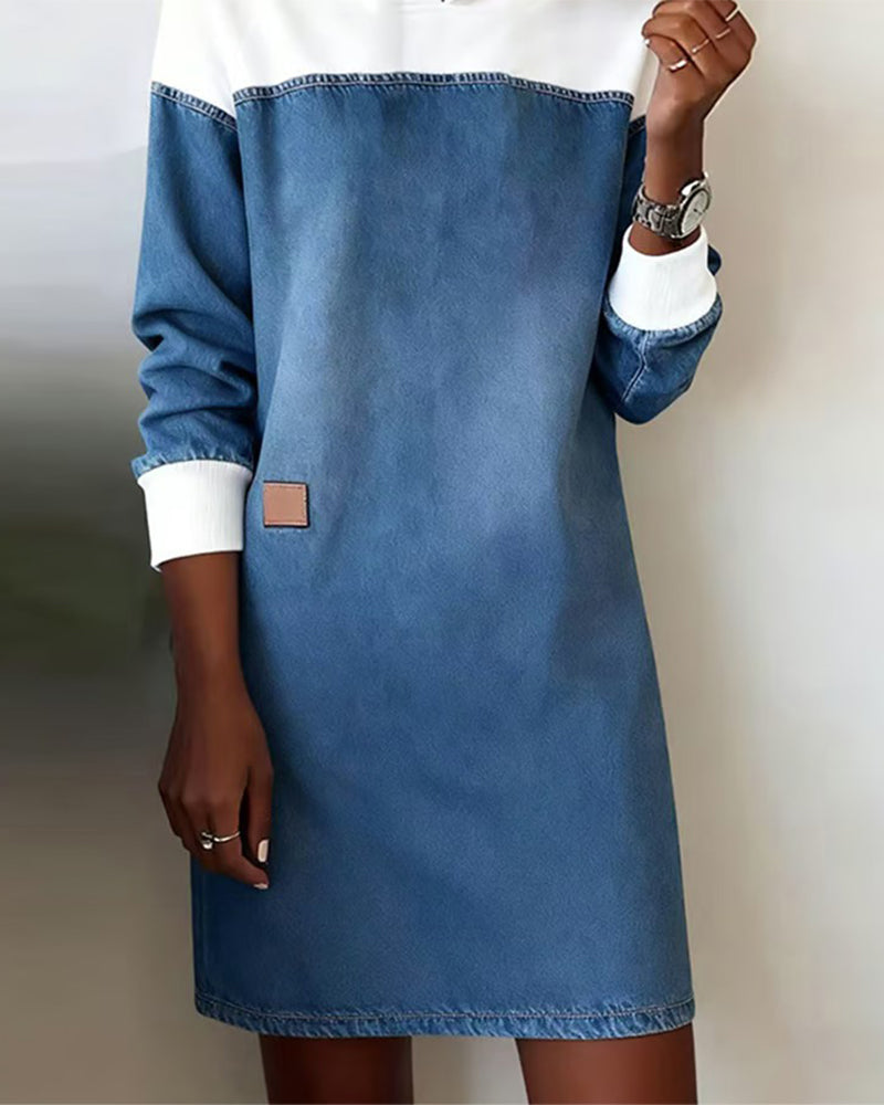 Robe À Capuche Denim Patchwork Épaule Tombante