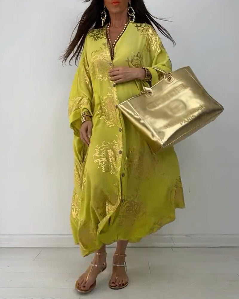 Robe ample boutonnée imprimée à manches longues