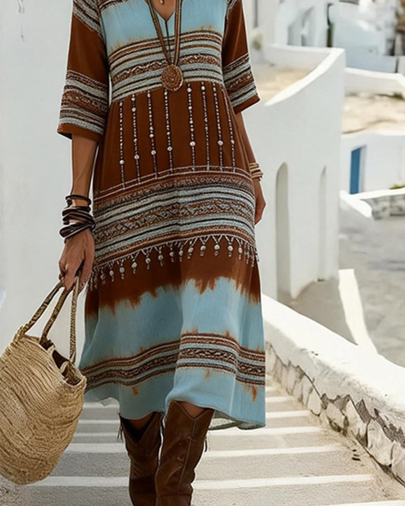 Robe Col V Imprimée Style Bohème