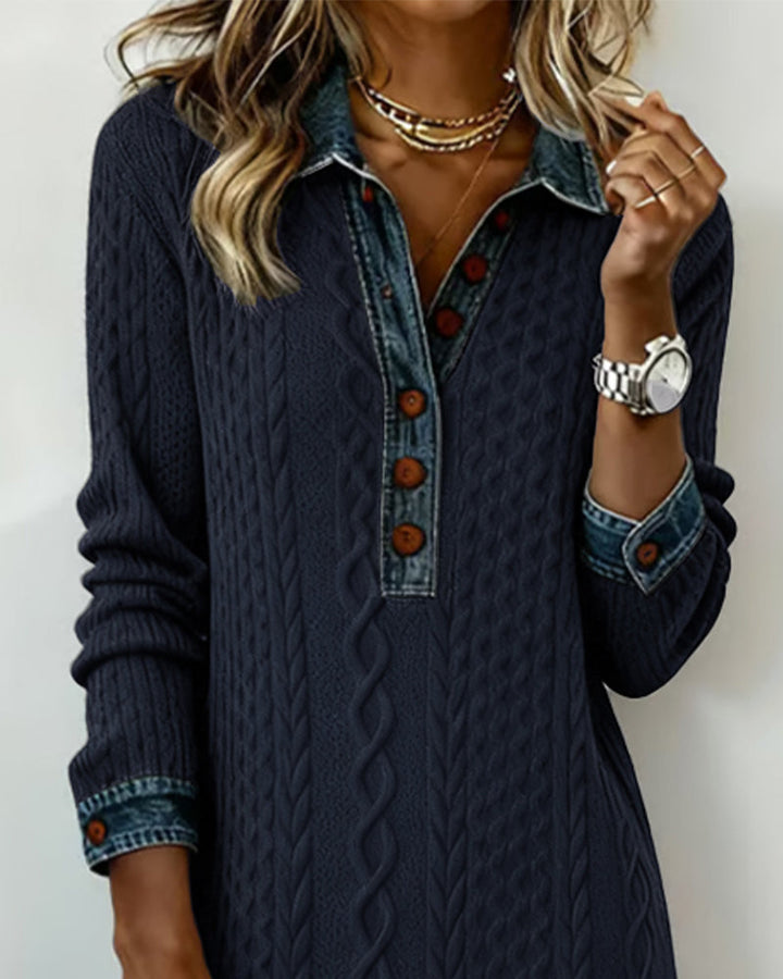 Robe À Col En Jean, Motif Torsadé Et Patchwork