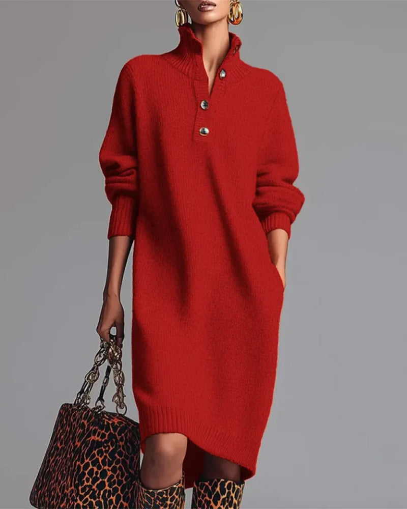 Robe Couleur Unie À Boutons Et Col Haut