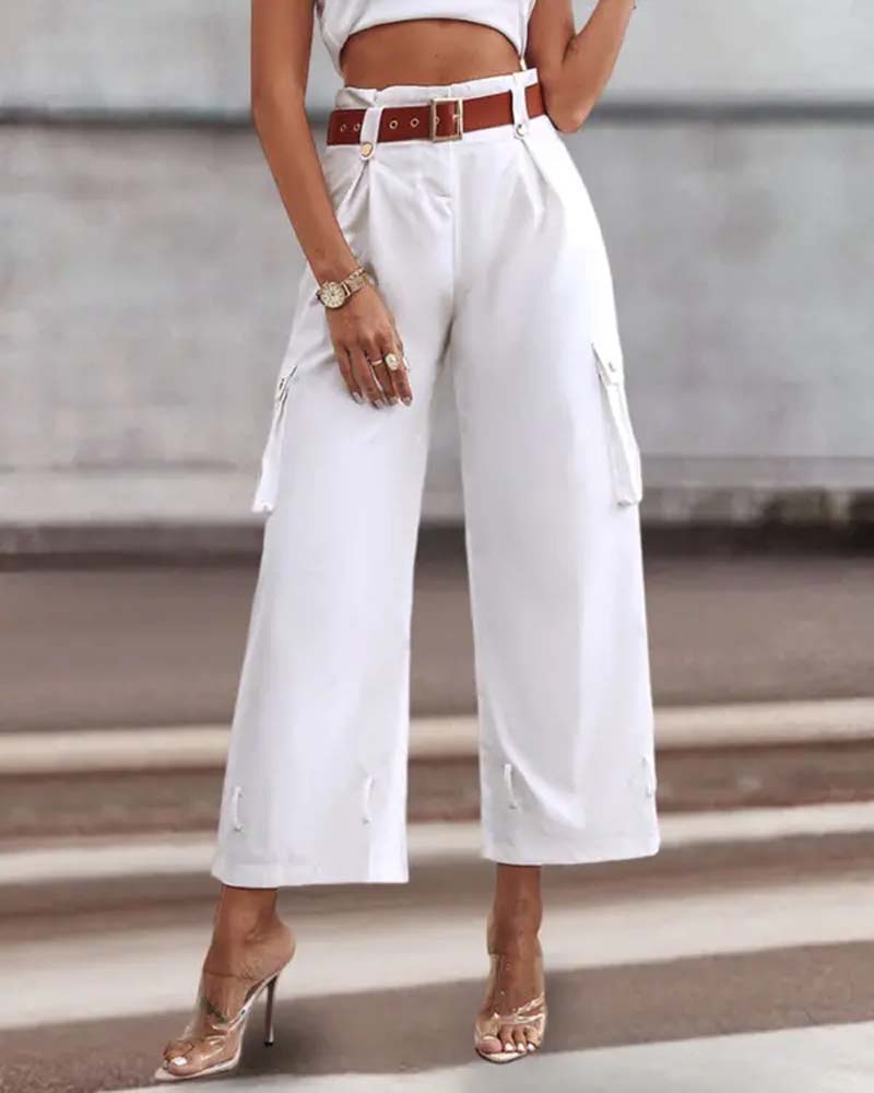 Pantalon cargo décontracté avec poche de couleur unie