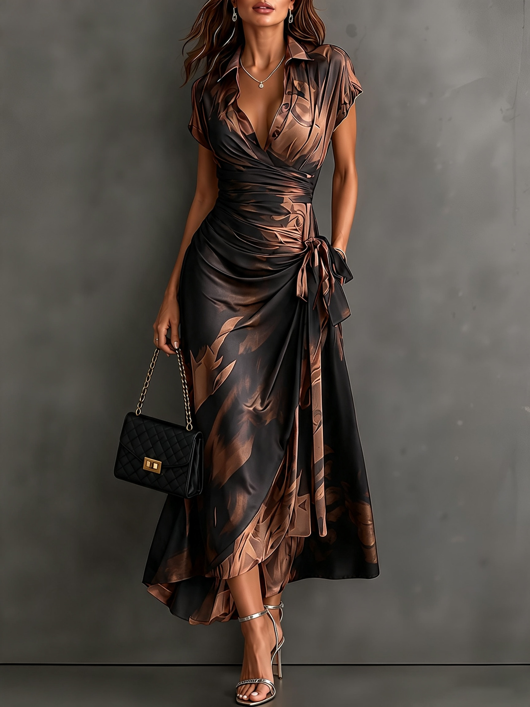 Francis | Brown Abstract Print Midi Wrap Dress
