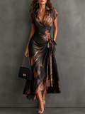 Francis | Brown Abstract Print Midi Wrap Dress