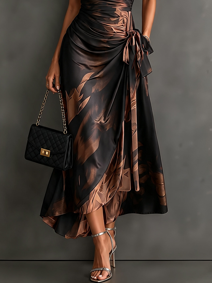 Francis | Brown Abstract Print Midi Wrap Dress