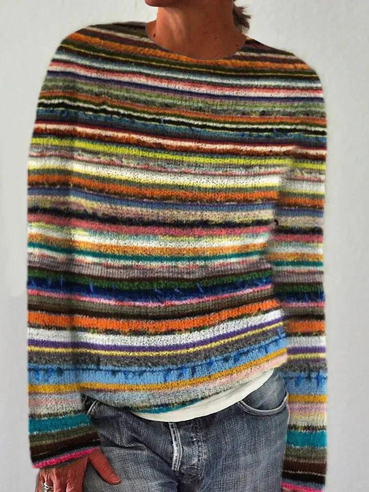 Women Sweaters Print Striped Jumpers Straight Casual Streetwear Pullovers Long Sleeve Elegant Lady Autumn High Street 2024