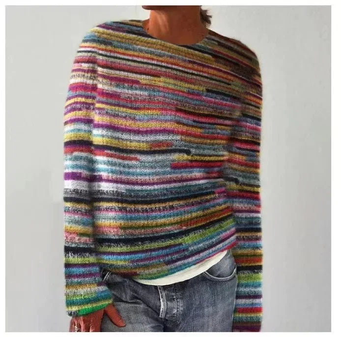 Women Sweaters Print Striped Jumpers Straight Casual Streetwear Pullovers Long Sleeve Elegant Lady Autumn High Street 2024