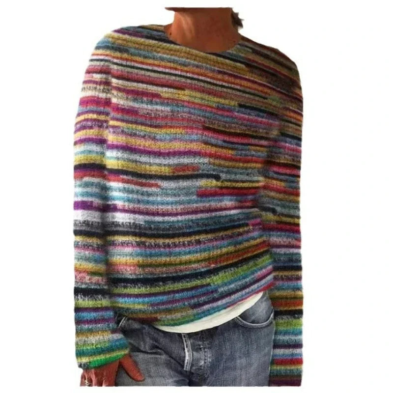 Women Sweaters Print Striped Jumpers Straight Casual Streetwear Pullovers Long Sleeve Elegant Lady Autumn High Street 2024