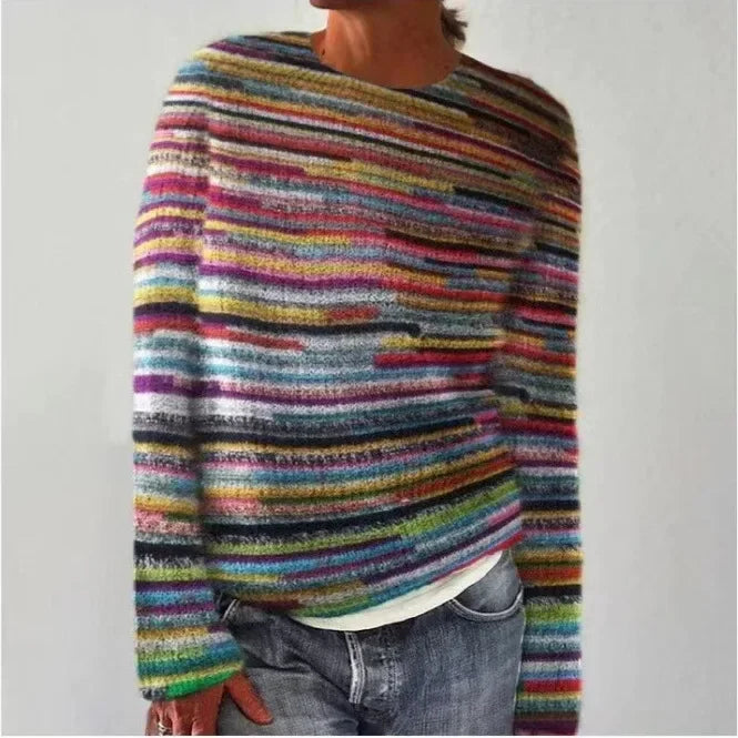 Women Sweaters Print Striped Jumpers Straight Casual Streetwear Pullovers Long Sleeve Elegant Lady Autumn High Street 2024