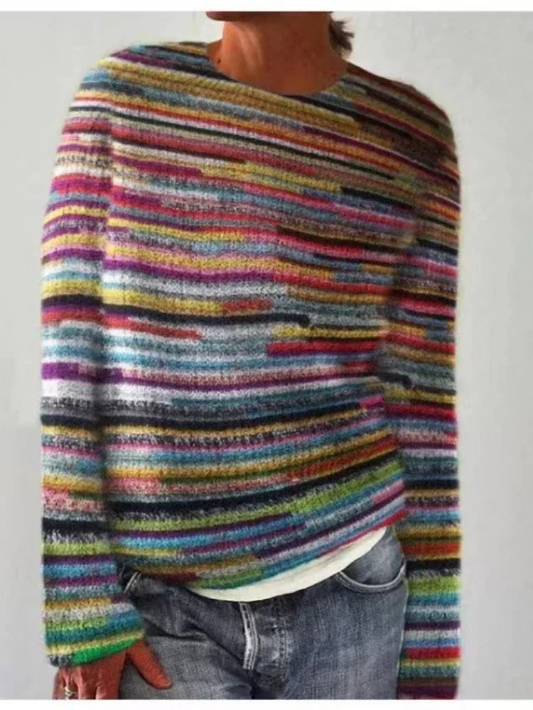 Women Sweaters Print Striped Jumpers Straight Casual Streetwear Pullovers Long Sleeve Elegant Lady Autumn High Street 2024