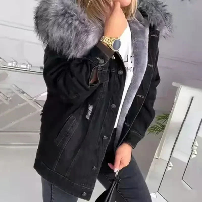Nora | Denim Jacket with Faux Fur Collar and Fleece Lining