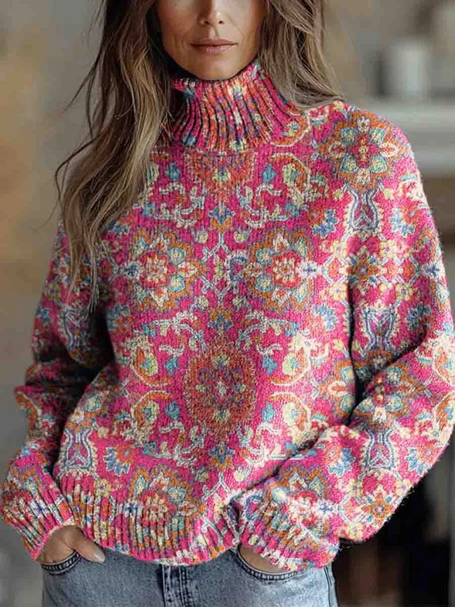 Grace | Art Flowers Print Knit Turtleneck Sweater