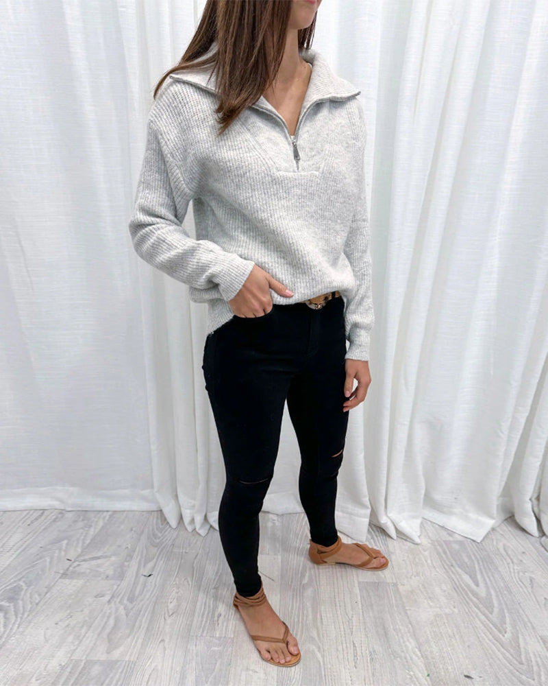 Pull décontracté de couleur unie avec fermeture éclair à revers