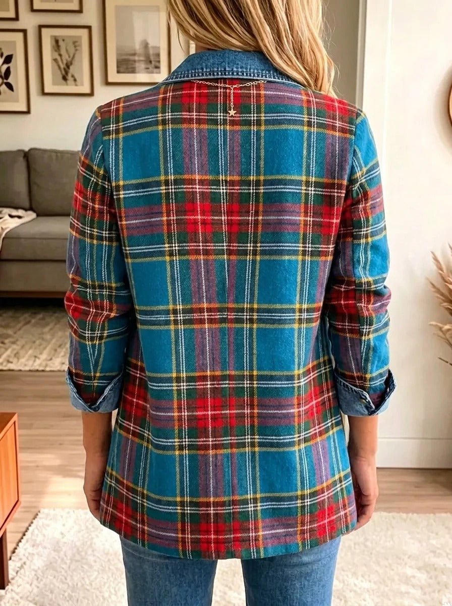 bela | Blue Tartan Check Denim Blazer