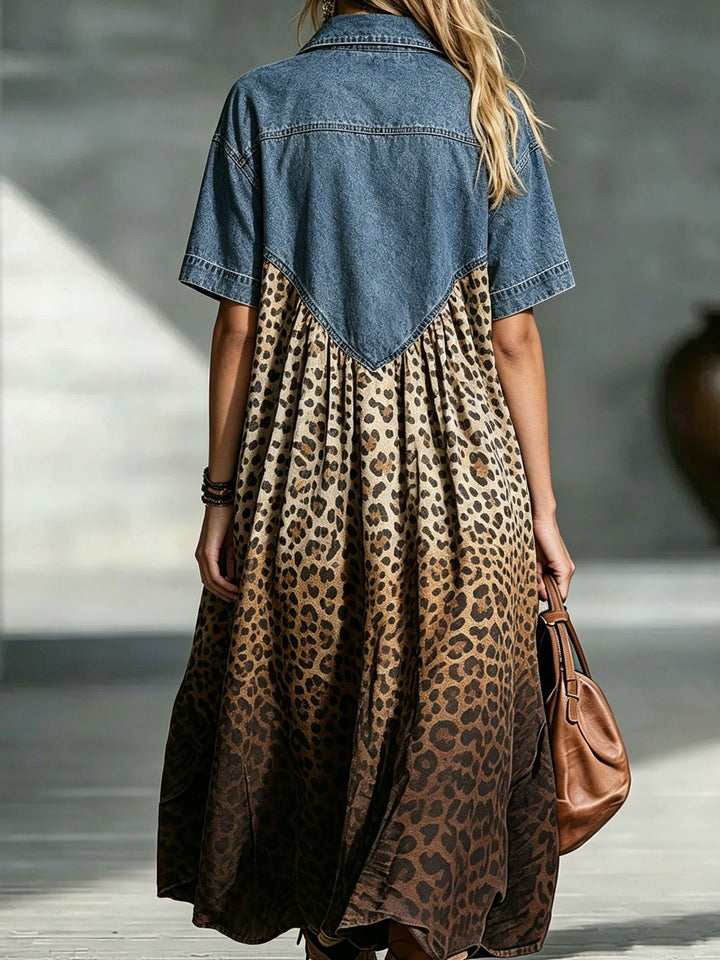 Florence | Denim Spliced Gradient Leopard Print Shirt Midi Dress