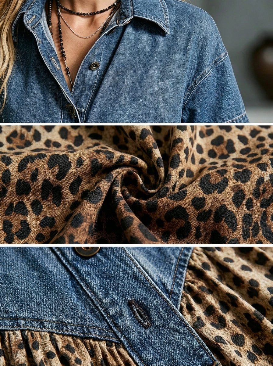 Florence | Denim Spliced Gradient Leopard Print Shirt Midi Dress