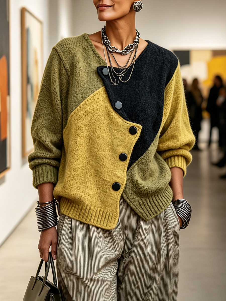 Ciara - Asymmetric Colour-Block Knit Sweater