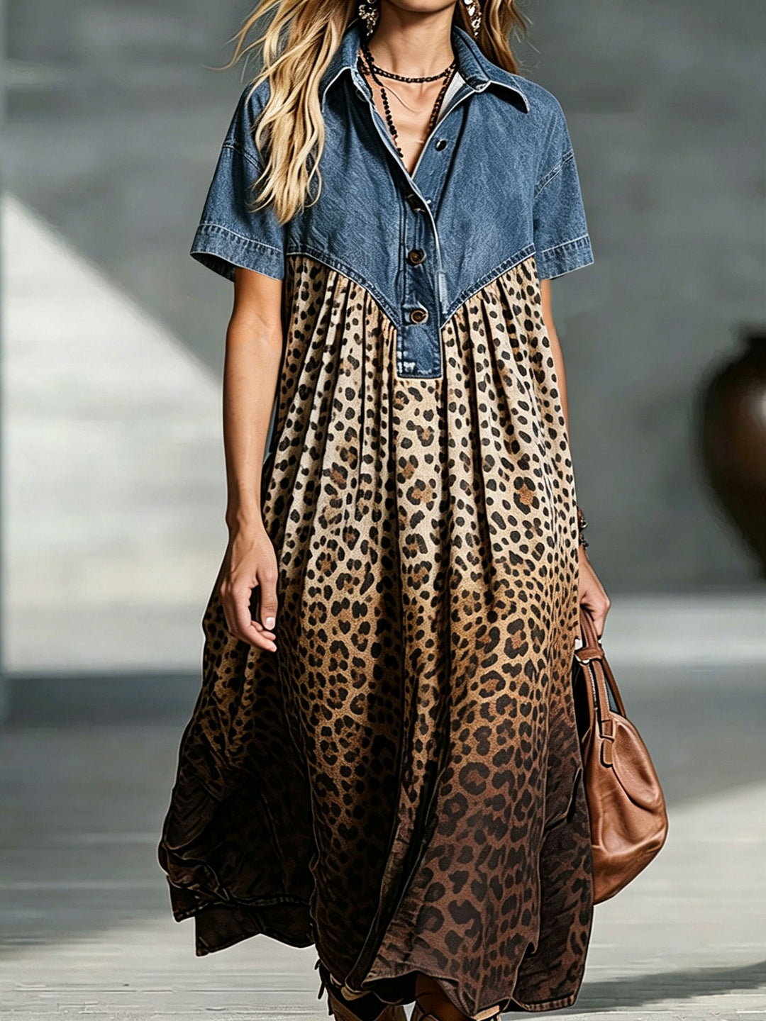 Florence | Denim Spliced Gradient Leopard Print Shirt Midi Dress