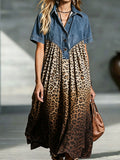 Florence | Denim Spliced Gradient Leopard Print Shirt Midi Dress